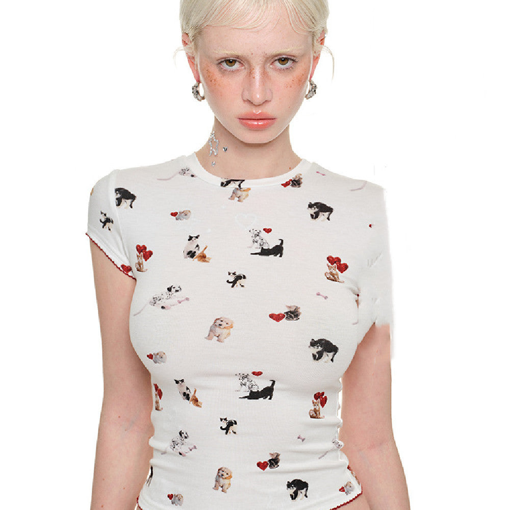 Women's Round Neck Dogs And Cats Printed T-shirt