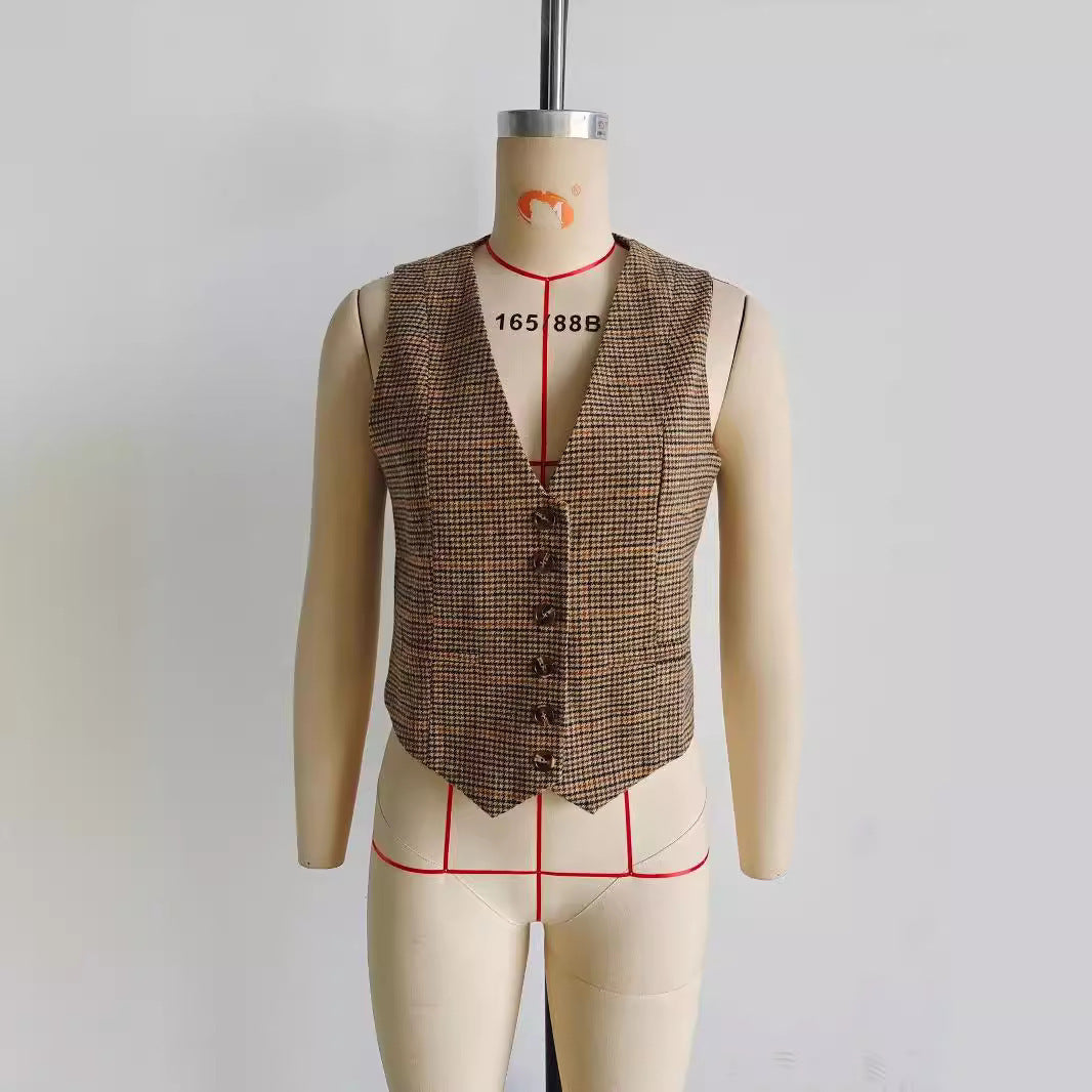 Single-breasted Short Contrast Color Houndstooth Vest Jacket