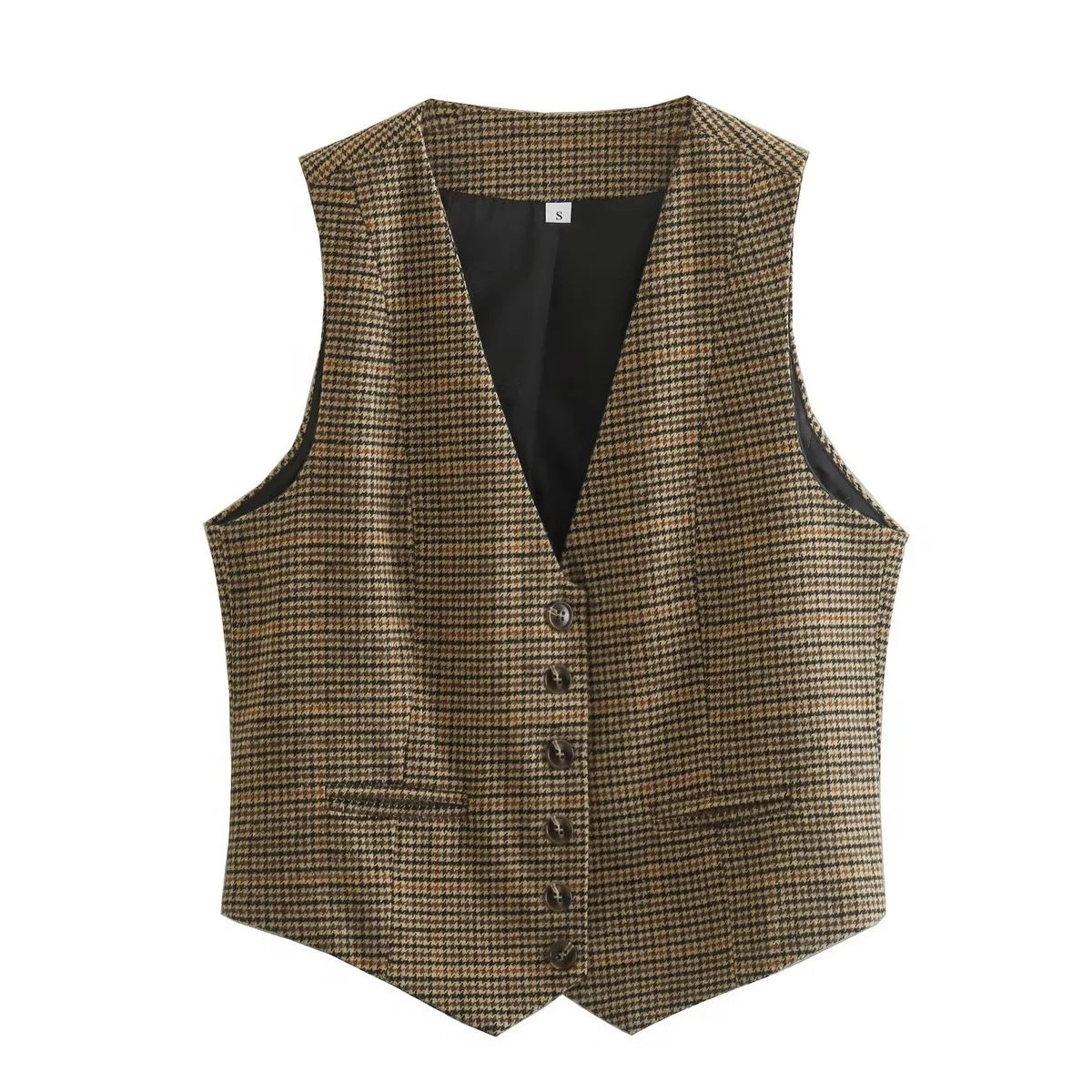 Single-breasted Short Contrast Color Houndstooth Vest Jacket