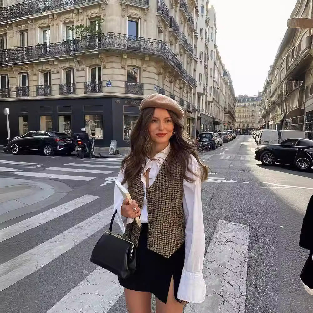 Single-breasted Short Contrast Color Houndstooth Vest Jacket