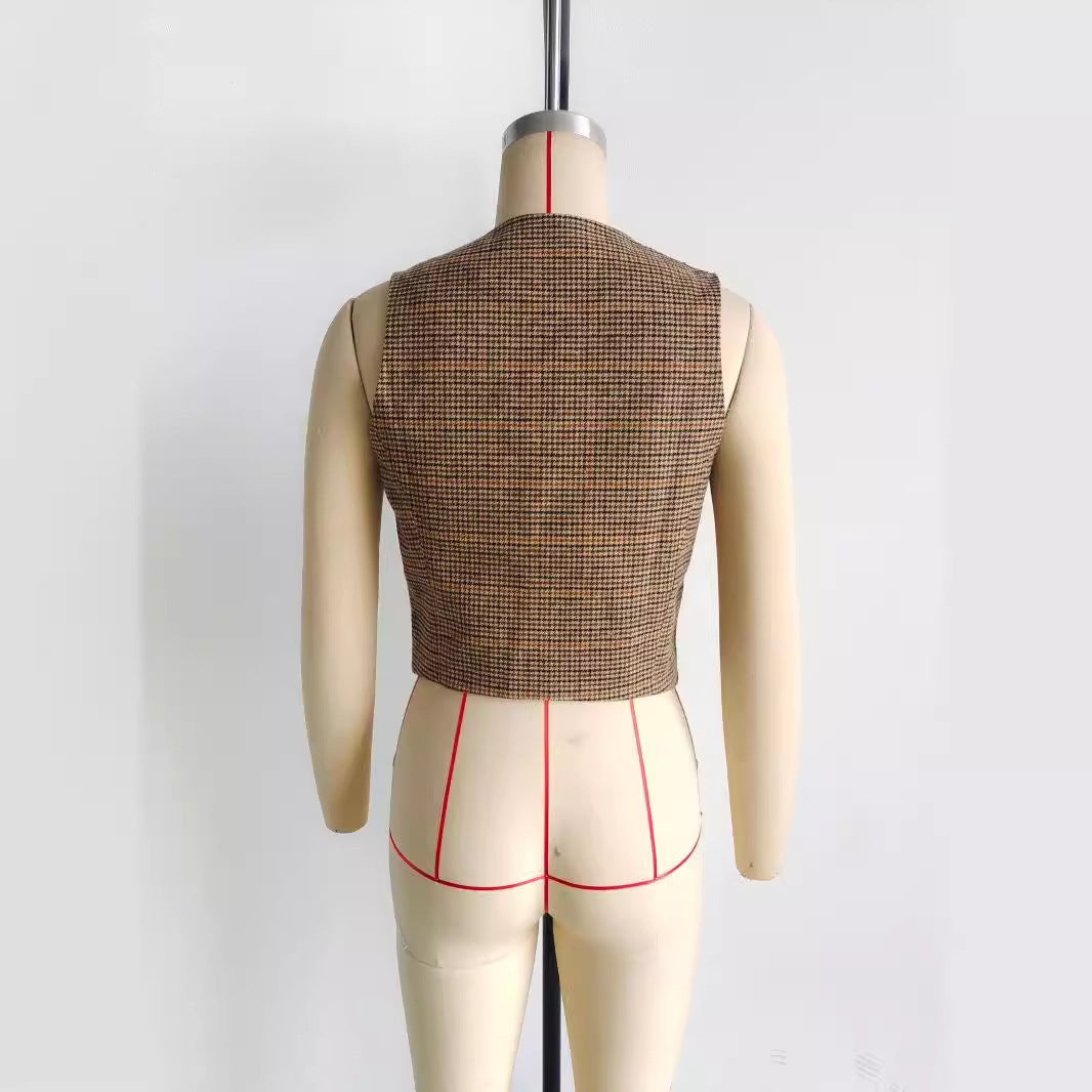 Single-breasted Short Contrast Color Houndstooth Vest Jacket