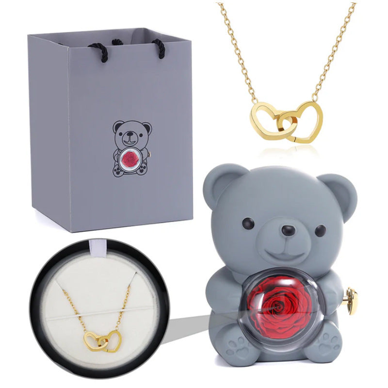 🐻 „Little Bear“ Eternal-Flower-Geschenkbox + Doppelherz-Halskette