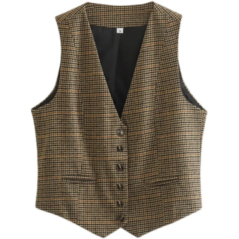 Single-breasted Short Contrast Color Houndstooth Vest Jacket