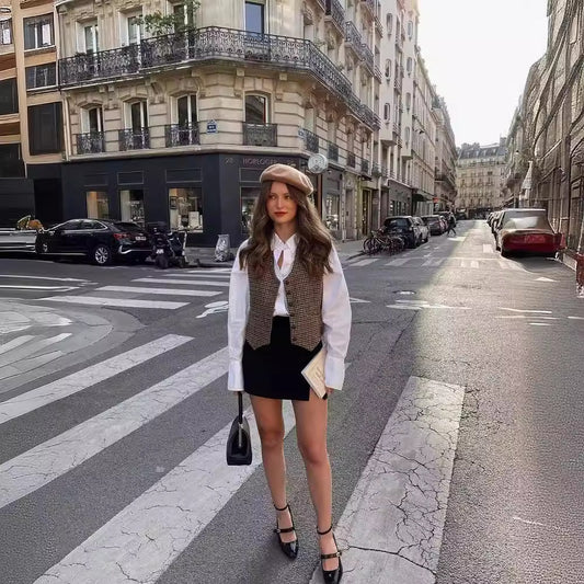 Single-breasted Short Contrast Color Houndstooth Vest Jacket