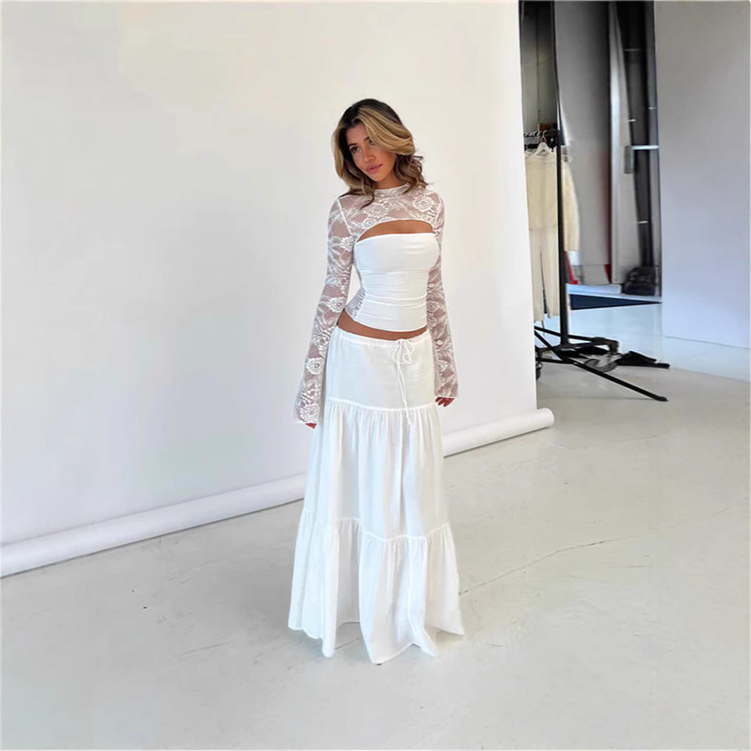 Sexy Hot Girl Lace Stitching Hollow Design Bell Sleeve Short Top