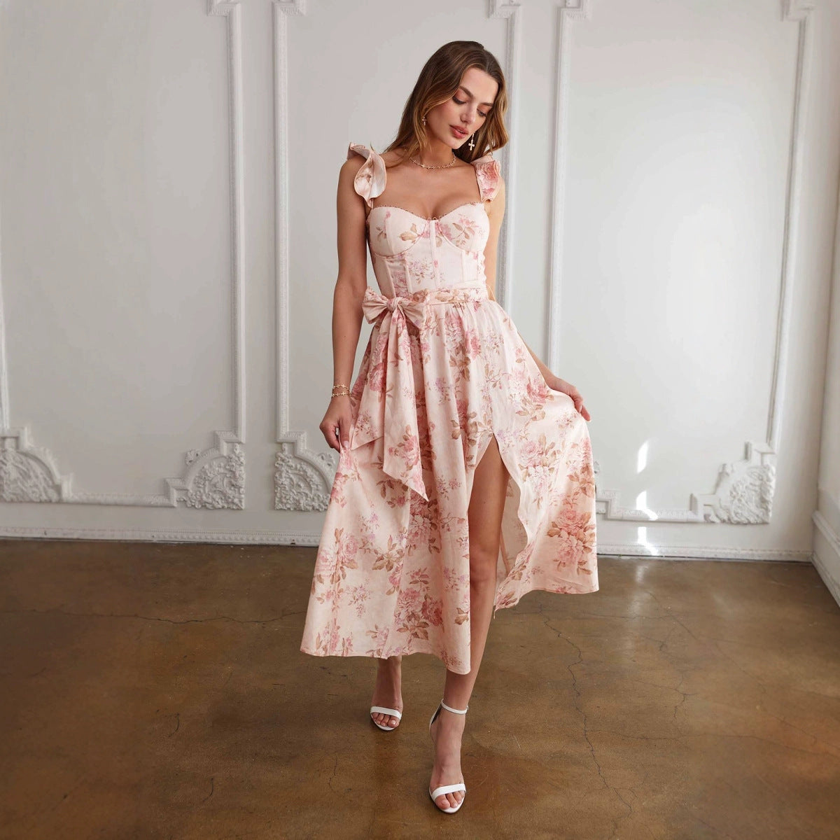 Fashion Floral Print French Retro Girdle Dress