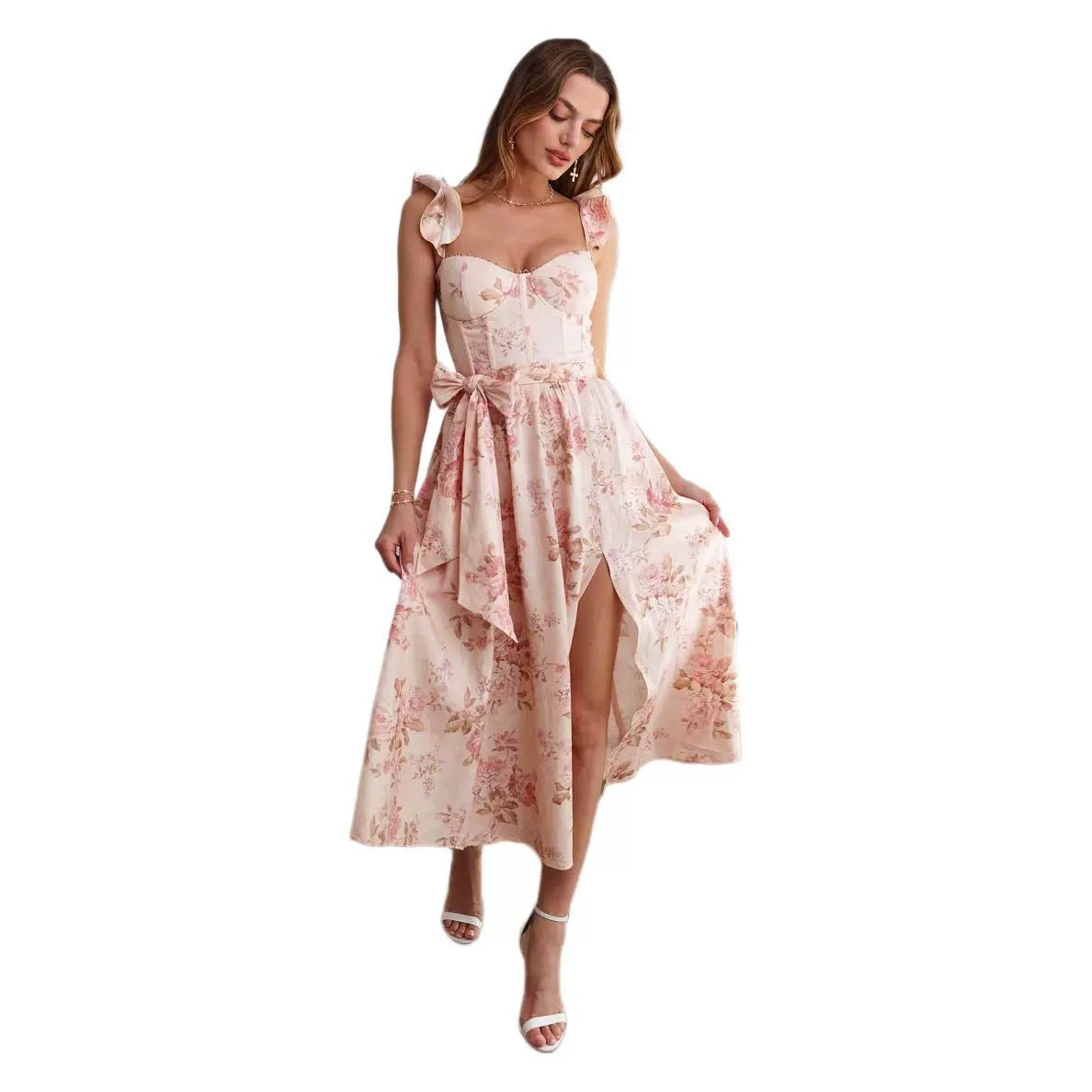 Fashion Floral Print French Retro Girdle Dress