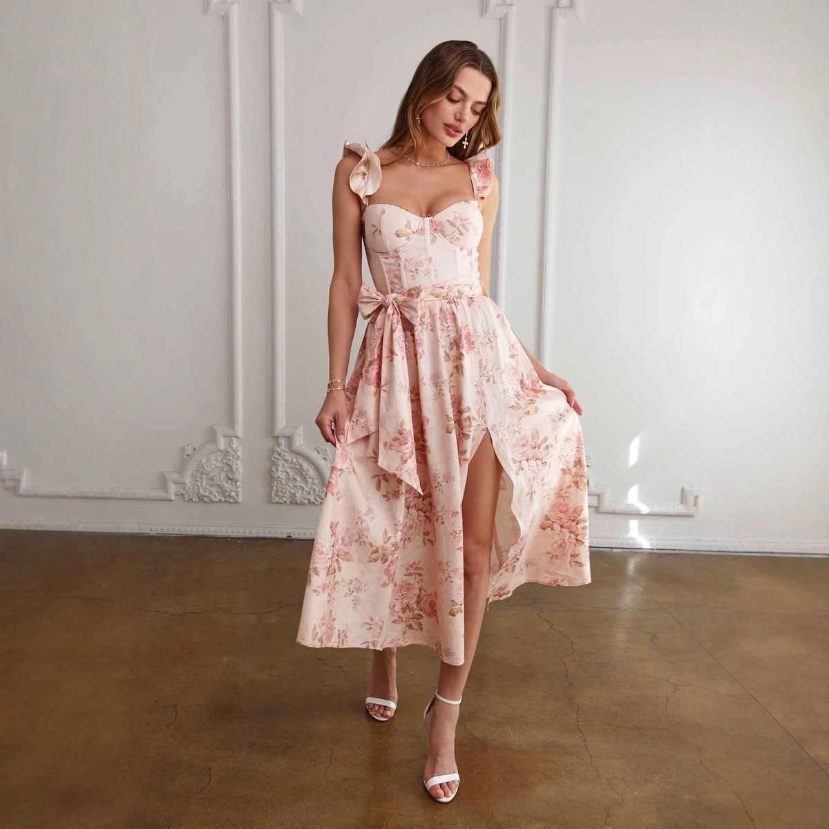 Fashion Floral Print French Retro Girdle Dress